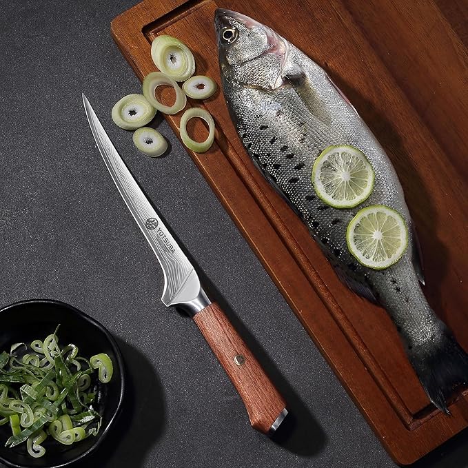 YOTSUBA Fillet Knife, 7 Inch Fish Knives for Filleting, Razor Sharp High Carbon Steel Boning Knife with Ergonomic Rosewood Handle, Ideal Gift for Family and Friends