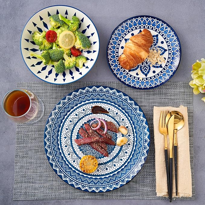 Bestone Porcelain Dinnerware Sets Service for 4, 12 pcs Hand drawn Plates and Bowls Sets, Handmade Ceramic Dish Set, Chip Resistant Modern Plate Set, Dishwasher/Microwave Safe竊똙intage Blue
