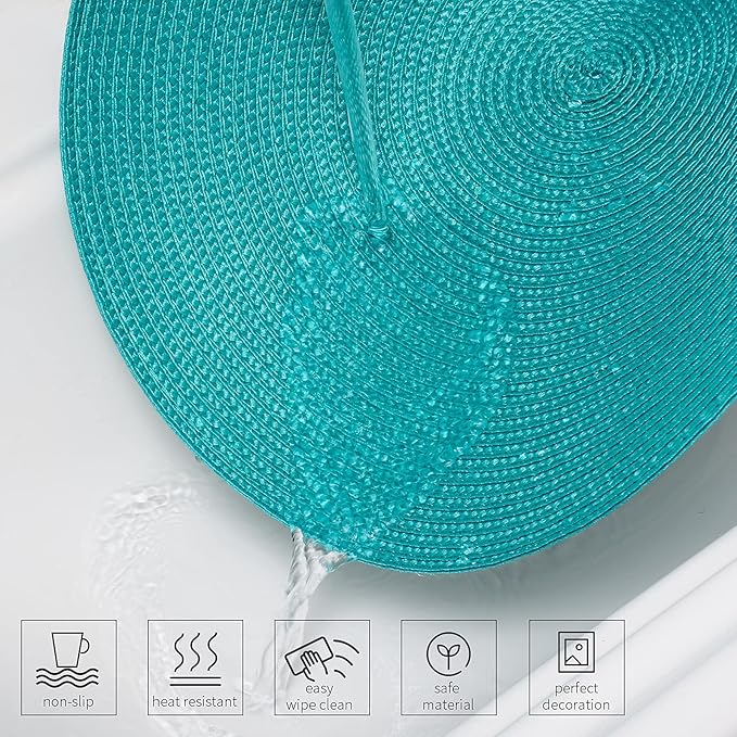 AHHFSMEI Round Braided Placemats 15 Inch Round Table Mats for Dining Tables Natural Woven Heat Resistant Place mats Set of 6 (Turquoise)
