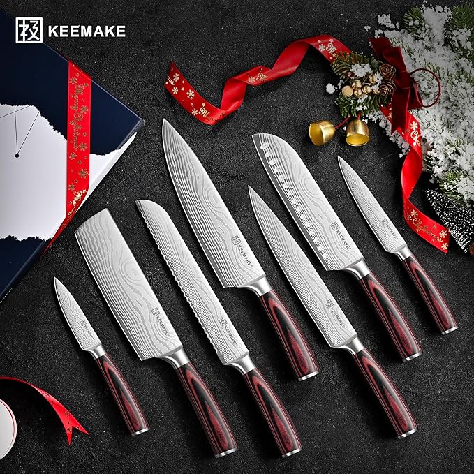 KEEMAKE Kitchen Knife Set, Ultra Sharp Chef Knife Set 7-Piece, High Carbon Stainless Steel Chefs Knife Set, Professional Knives Set for Kitchen with Pakkawood Handle and Gift Box