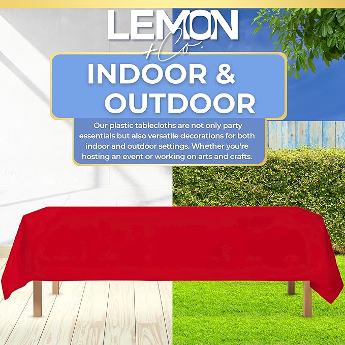 LEMON + Co. Red Rectangle Table Cover Disposable Plastic Tablecloth 54 Inch. x 108 Inch. Premium Decorative Rectangle Table Cover 10 Pack