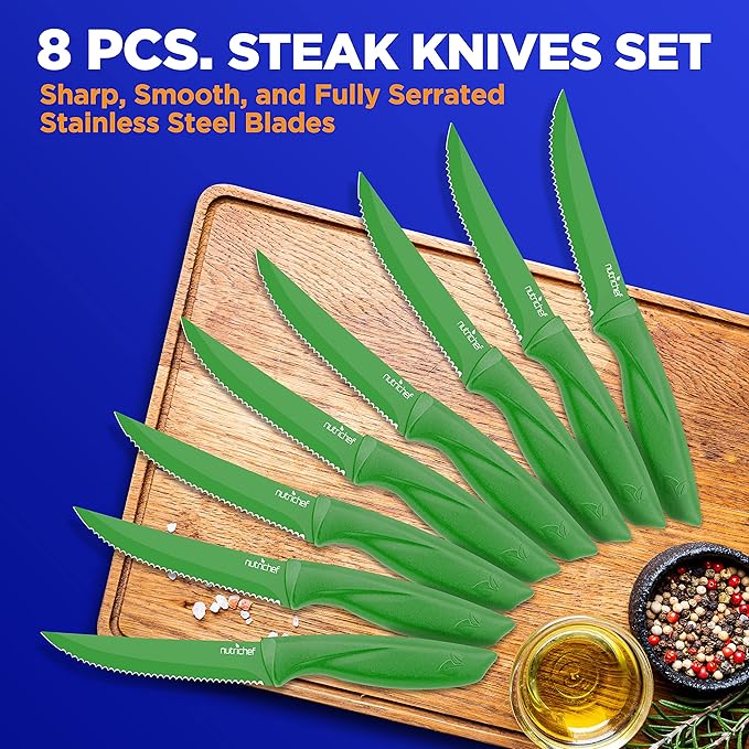 NutriChef Steak Knife Set of 8 - Premium Serrated Stainless Steel Kitchen Knife Set - Ergonomic Design, Sharp Blades, Non-Stick, & Rust-Resistant - Perfect for Home, BBQ's & Restaurants Green