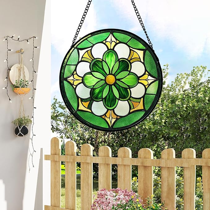Stained Glass Window Hanging Boho Green Flower 9.8" - Suncatcher Door Garden Sun Catcher Ireland Decor Birthday Mother's St. Ripack's Day Gift for Woman Mom Men Friend Nana Wife Aunt