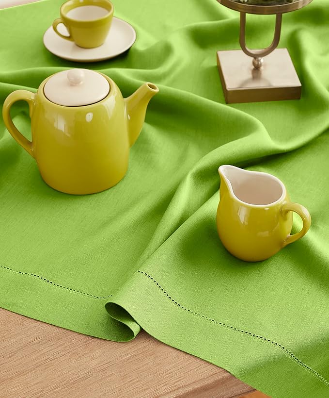 Solino Home Linen Square Tablecloth 52 x 52 Inch - 100% Pure Linen Lime Green Table Throw - Classic Hemstitch, Machine Washable Table Cloth for Spring, Easter, St Patricks Day