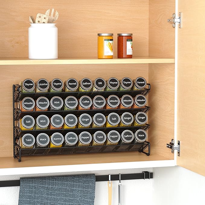 SpaceAid Spice Rack Organizer with 36 Spice Jars, 386 Spice Labels, Chalk Marker and Funnel Set for Cabinet, Countertop, Pantry, Cupboard or Door & Wall Mount - 36 Jars, 17.2" W 횞 10.8" H, Black