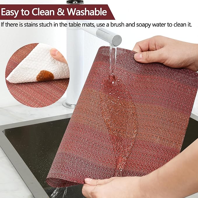 SLKQG Red Placemats Set of 4 - Easy Clean Washable Vinyl Placemats - Wipeable Heat Resistant Table Mats for Dining Table - 17.7x11.8 Inch (4, Red Gradient)