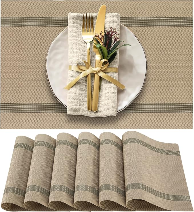 More D챕cor Dining Table Placemats, Washable Heat-Resistant PVC Vinyl Table Mats for Dining Room and Kitchen, Anti-Slip - Set of 4 - Khaki
