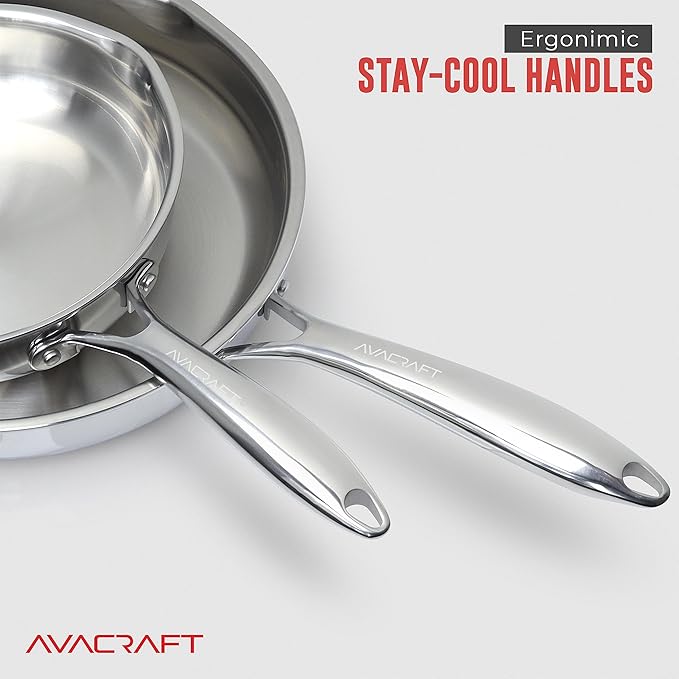 AVACRAFT 8 Inch Tri-Ply Stainless Steel Frying Pan with Lid, Side Spouts, Induction Pan, Versatile Stainless Steel Skillet, Fry Pan in our Pots and Pans (Tri-Ply Stainless Steel, 8 Inch)