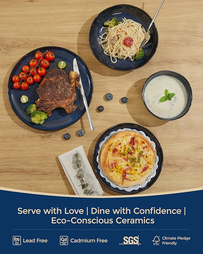 32 Piece Starry Blue Dinnerware Set with Pasta Bowls, Coastal Reactive Glaze Stoneware for 8 | Complete Serving Set for Holiday Meals, Multi?멏ish Hosting & Family Celebrations