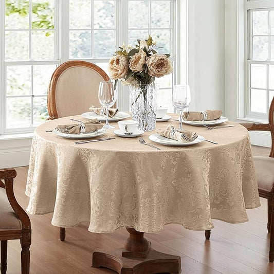 Elrene Home Fashions Caiden Elegance Damask Waterproof, Stain & Wrinkle Resistant Fabric Tablecloth, 70" Round, Taupe