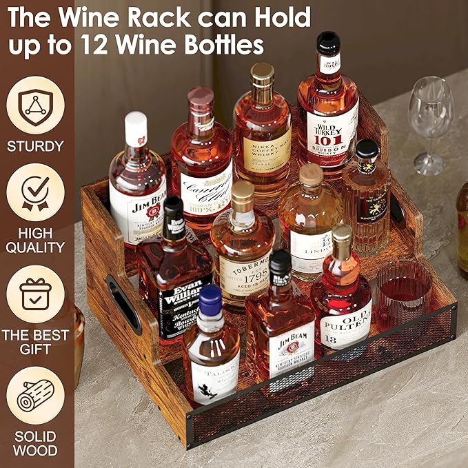 3-Tier Liquor Bottle Display Shelf, Countertop Liquor Wine Rack with Handle, Bar Bottle Display Shelves, Coffee Syrup Rack Organizer, Brown Liquor Display, Home Retro Bar Shelf Stand (Patent Pending)