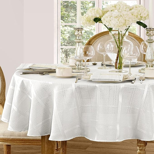 Newbridge 60 x 84 Inch Oval Fabric Tablecloth, Elegance Plaid, 100% Polyester, No Iron Soil Resistant Dining Room, Party and Banquet Table Cover, Solid Textured, White