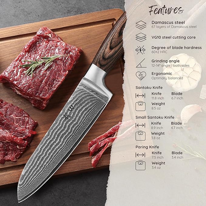 Wakoli EDIB 3-Piece Damascus Kitchen Knife Set in Wooden Gift Box ??Sharp Knives Set made of Genuine Damascus Steel (VG10 Core) ??Santoku, Small Santoku & Paring Knife ??Ergonomic Pakkawood Handles
