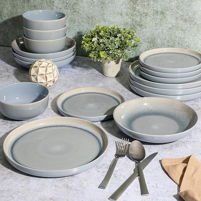 Gibson Elite Juno Moon 16-Piece Reactive Blue Double Bowl Dinnerware Set ??Durable Stoneware Plates and Bowls