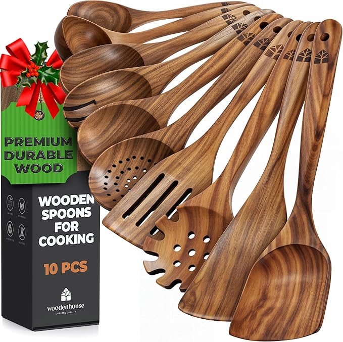 Wooden Spoons for Cooking ??10 Pc Teak Wood Utensil Set, Durable, Nonstick Safe & Heat Resistant with Ergonomic Handles - Unique Kitchen Gifts for Women Men, Cooking Gifts for Men Women