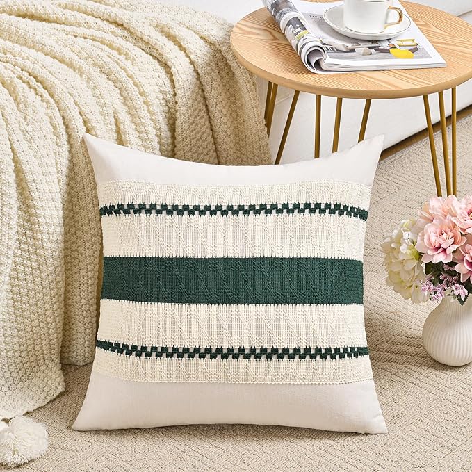 Fancy Homi Set of 2 Dark Green Boho Decorative Throw Pillow Covers 22x22 Inch for Couch Bed Sofa Bedroom Indoors, Modern Farmhouse Vintage Forest Green Living Room Decor