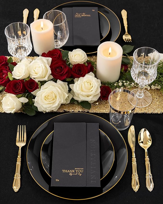 Nervure 100PCS Black and Gold Plastic Plates - 10.25 inch Black Disposable Plates - Gold Rim Dinner Plate - Black Dinner Plate Ideal for Wedding & Party & New Year
