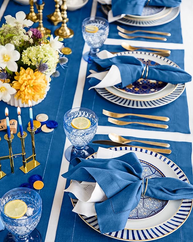 Solino Home Linen Placemats Set of 4 - Classic Hemstitch Indigo Blue Placemats 14 x 19 Inch - 100% Pure Linen Table Mats for Winter, Spring, Easter