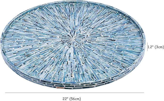 PEMAR 22" Round Mother of Pearl Extra Large Ottoman Tray with Raised Edge, Oversized Decorative Luxury Wooden Serving Tray for Food, Coffee Table, Breakfast in Bed (Blue Sunlight)