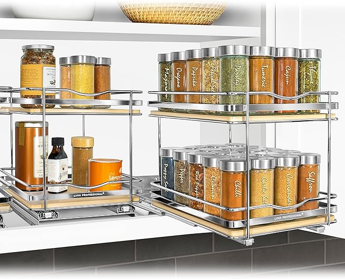 LYNK PROFESSIONAL짰 횋lite??Pull Out Spice Rack Organizer for Inside Kitchen Cabinets - 8-3/8 inch Wide - Slide Out Drawer ??Wood/Chrome Sliding Spice Cabinet Organization Shelf Racks - 2 Tier