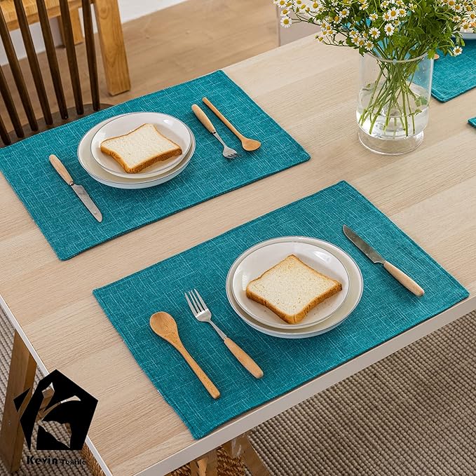 Kevin Textile Burlap Linen Placemats Set of 6 Heat Resistant Dining Table Place Mats Washable Kitchen Table Mats for Dinning Party Holiday Indoor Outdoor, 13 x19 inches,Peacock Blue