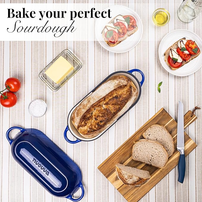Enamelled Cast Iron Bread Loaf Pot ??Dutch Oven For Sourdough Bread Baking ??Oven Safe Non Stick Bread Pot ??Rectangular, Dark Blue, 34cm x 16cm ??by Nuovva