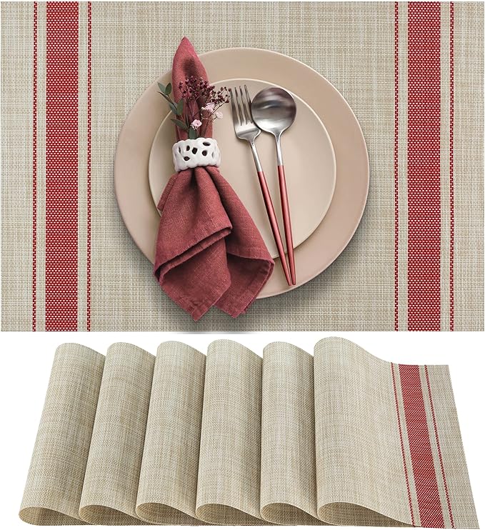 More D챕cor Dining Table Placemats, Washable Heat-Resistant PVC Vinyl Table Mats for Dining Room and Kitchen, Anti-Slip - Set of 6 - Vertical Striped Red - Grey