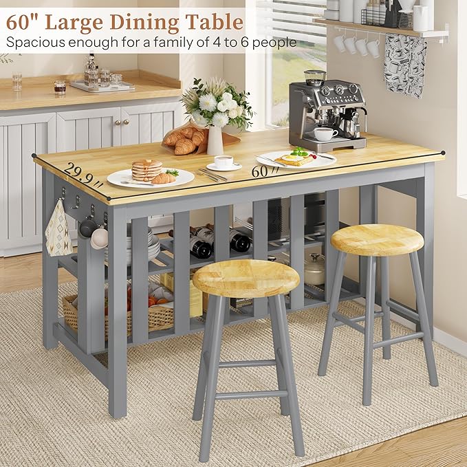 60" Solid Rubberwood Kitchen Island with Power Outlets - Extra Large Work Surface, 3 Drawers & 2 Open Shelves Storage Cabinet for Kitchen Dining Room, Farmhouse Style (Grey)