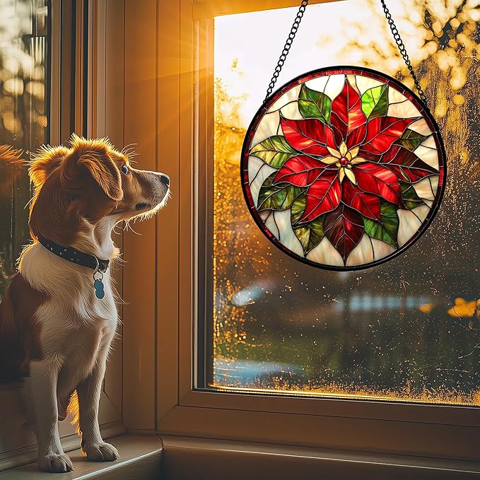Stained Glass Window Hanging - Red Poinsettia Birth Flowers Suncatcher for Door Garden Yard Sun Catchers Decor Christmas Mother's Day Birthday Gifts for Women Mom Nana Teacher Friend 7.8 in