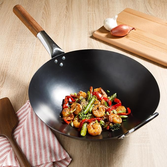 SUR LA TABLE Kitchen Essentials Quick Fire 13.5" Carbon Steel Flat Bottom Wok ??Durable Nonstick Stir Fry Pan