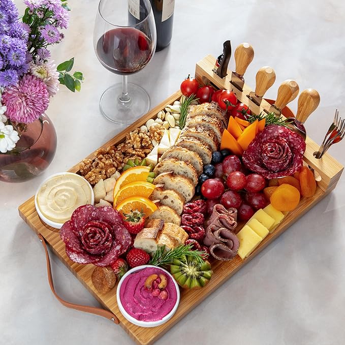 Bamboo Charcuterie Board Gift Set with Leather Handles, Knives, Wine Opener & Bowls ??Elegant for Hosts, Couples & New Homeowners