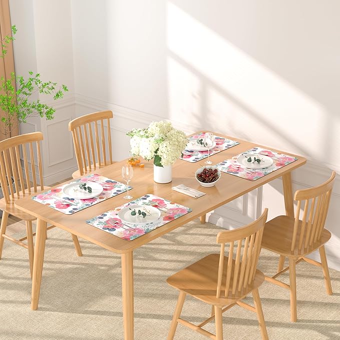 QIYI Placemats Set of 6, 12x18 Inch Faux Leather Place Mats for Kitchen Dinning, Heat Resistant Anti Slip Floral Table Mats, Waterproof Washable Placemat Party Table D챕cor, Watercolor Pink Flowers