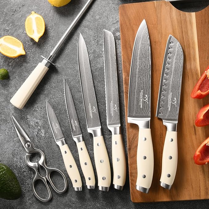 Damascus Kitchen Knife Set, 9 Pieces With Block, White ABS Triple Rivet Ergonomic Handle for Chef Knives, Sharpener and Shears