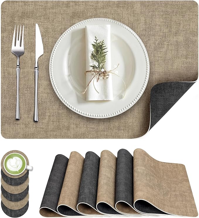 Fyvva Placemats Set of 6, Faux Leather Heat Resistant Wipeable Placemats, Dual Sided Waterproof Washable Table Mats with Coaster, Suitable for Kitchen, Dining, Table Decor (6, Black Light Coffee)