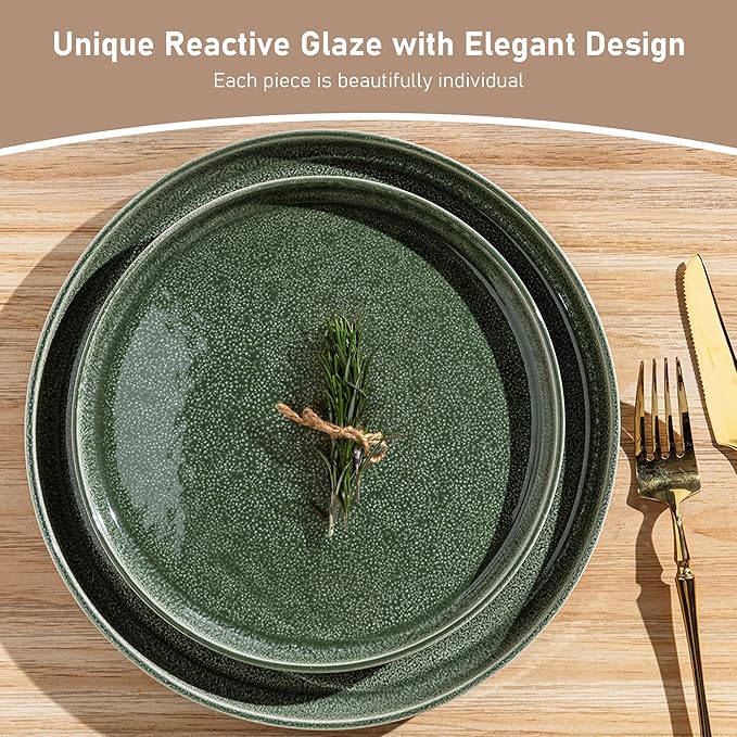 GBHOME Stoneware Dinnerware Sets for 6,Round Reactive Glaze Ceramic Plates and Bowls Set,Highly Scratch Resistant| Dishwasher & Microwave Safe Dishes Set,Service for 6(18Pcs),Dark Green