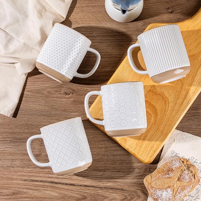 GBhome Ceramic Coffee Mugs Set of 4, 12oz Handmade Stoneware Coffee Mugs Set with Large Handle for Cappuccino/Latte/Tea/Hot Cocoa, Dishwasher & Microwave Safe, Off White