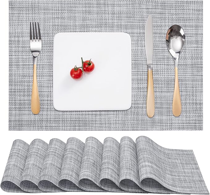 Myir JUN Placemats Set of 8, Vinyl Woven Placemats Place Mats Indoor Set of 8 Washable Table Mats Non-Slip Place mats for Dining Table (B-Gray, Set of 8)