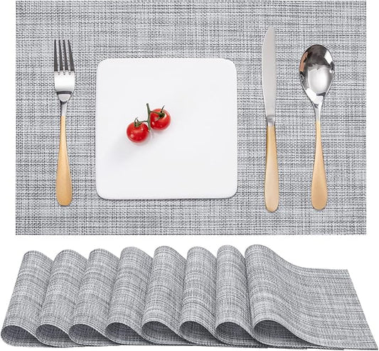 Myir JUN Placemats Set of 8, Vinyl Woven Placemats Place Mats Indoor Set of 8 Washable Table Mats Non-Slip Place mats for Dining Table (B-Gray, Set of 8)