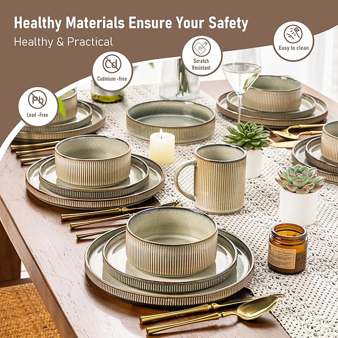 GBHOME Stoneware Dinnerware Sets for 6,Round Reactive Glaze Ceramic Plates and Bowls Set,Highly Chip and Crack Resistant | Dishwasher & Microwave Safe Dishes Set,Service for 6(18Pcs)