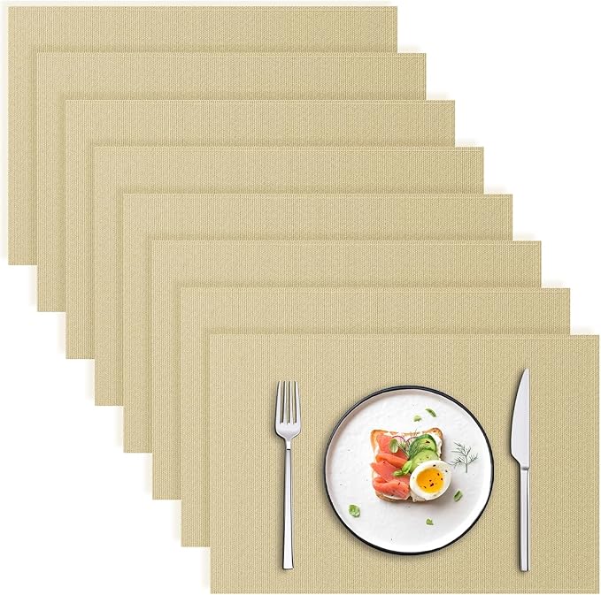Blue Forest | Rectangular Faux Linen Placemats Set of 8 | Dual- Layered Thickened for Durability | Heat Resistant | Machine Washable | Wrinkle Free for Easy Care Indoor/Outdoor Use - Beige