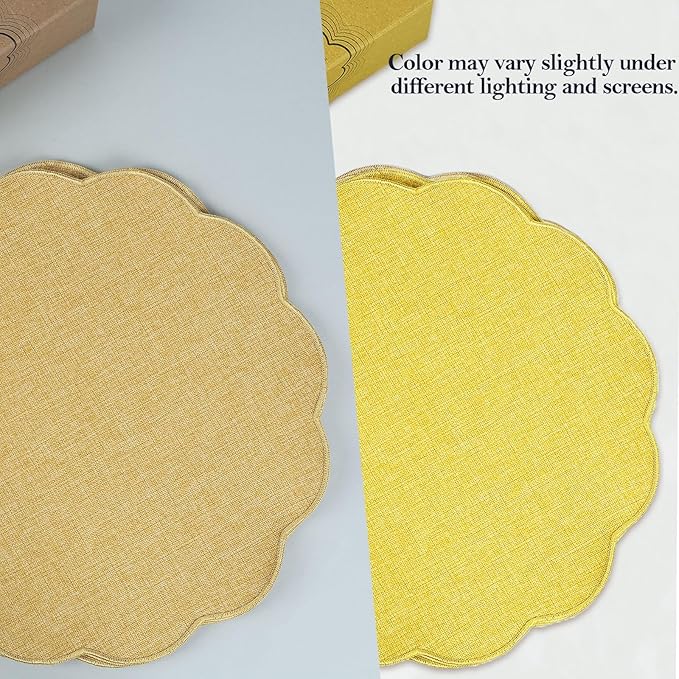 AHHFSMEI Round Faux Linen Placemats Set of 4 Waterproof Table Mats Heat Resistant Non-Slip and Stain Proof for Kitchen Dining Elegant Decor (Yellow,4)