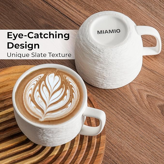 MIAMIO - Coffee Mug Set of 4 x 450 ml Cups/White Mugs Ceramic with Embossed Rock Texture for Coffee, Latte, Tea - Oasis Collection