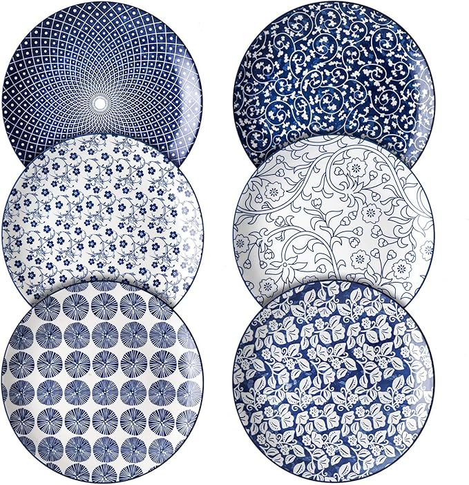 Selamica 8 inch Porcelain Dinner Plates, Large Size Serving Plate for Salad, Pancakes, Steak, Set of 6, Vintage Blue