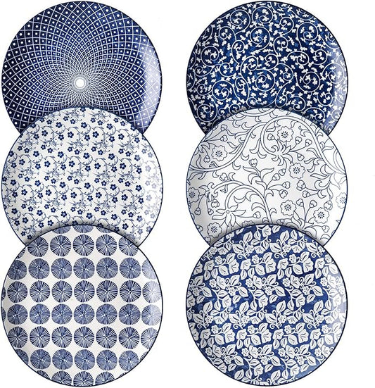 Selamica 10 inch Porcelain Dinner Plates, Large Size Ceramic Plates for Salad, Pancakes, Scratch Resistant, Microwave, Oven and Dishwasher Safe Plates Set of 6, Vintage Blue