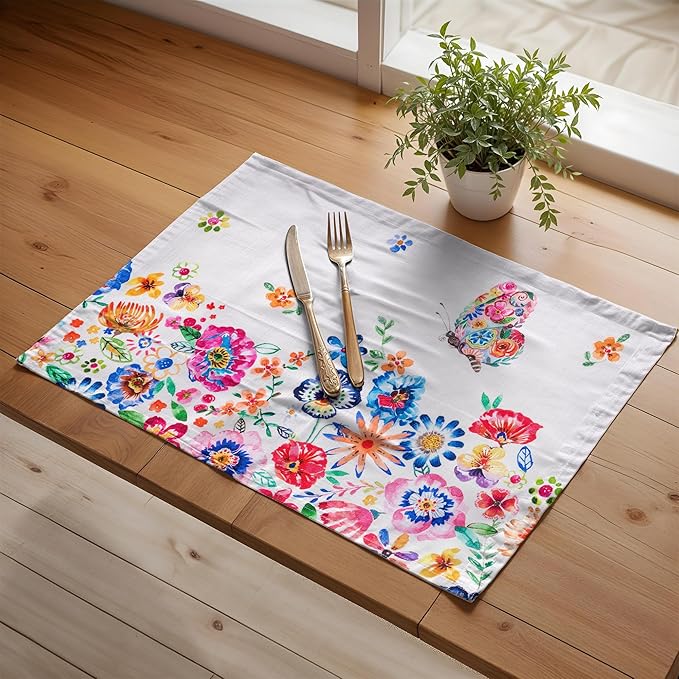 Maison d' Hermine Placemats Set of 4 100% Cotton Washable Cloth Place Mats, Reusable Table Mats for Kitchen Dining Decoration, Party, Restaurant Spring/Summer (Happy Florals - High Summer, 13" x 19")