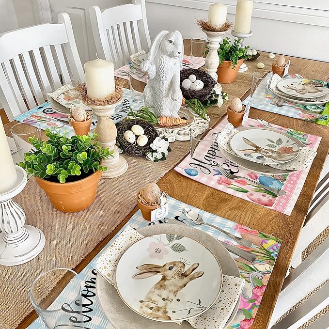 Pinata Easter Placemats Set of 6, Easter Placemats 12x18 Inch for Dining Table, Bunny Pattern Place Mats, Farmhouse Rustic Table Decor