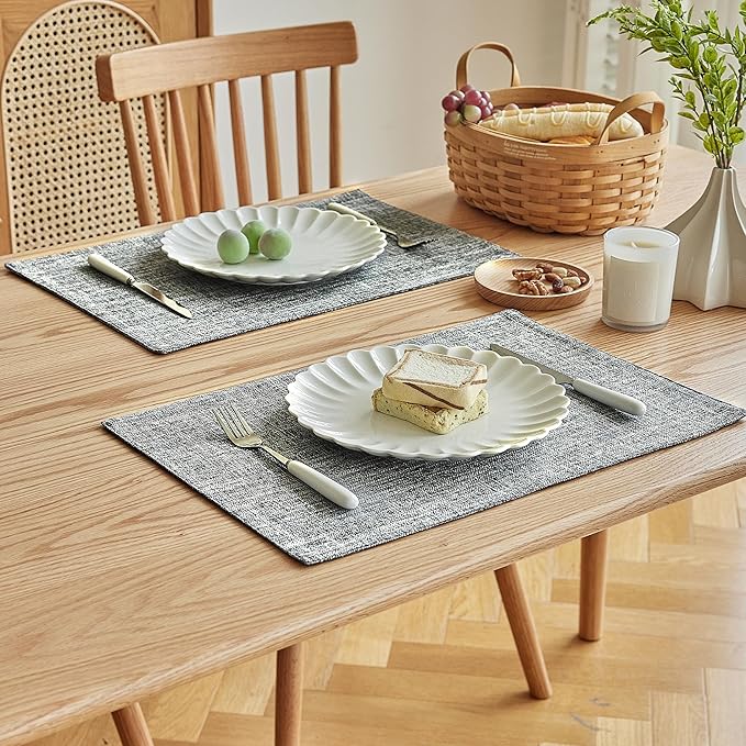 Softalker Faux Linen Placemats Set of 6-12 x 18 Inch, Heat Resistant Double Layered Durable Burlap Farmhouse Place Mats, Non-Slip Washable Rustic Table Mats for Dining, Kitchen, Party竊뉯sh Grey