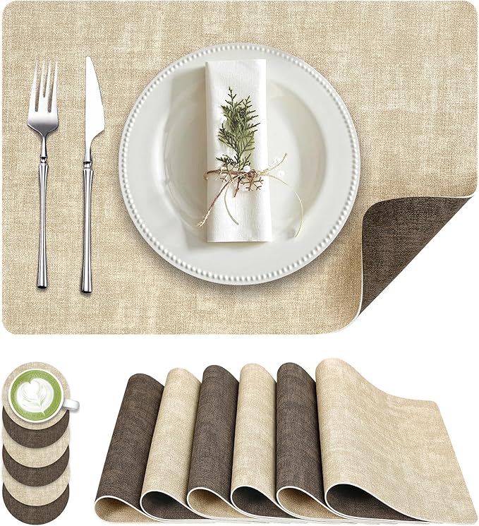 Fyvva Placemats Set of 6, Faux Leather Heat Resistant Wipeable Placemats, Dual Sided Waterproof Washable Table Mats with Coaster, Suitable for Kitchen, Dining, Table Decor (6, Beige Dark Coffee)