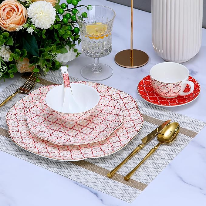 24 Piece Red Poreclain Dinnerware Set,Bone china Set for 4,Ceramic Plates and Bowls Sets With checkered cross pattern,Highly Chip and Crack Resistant | Oven & Dishwasher (Red + Checkered Cross)