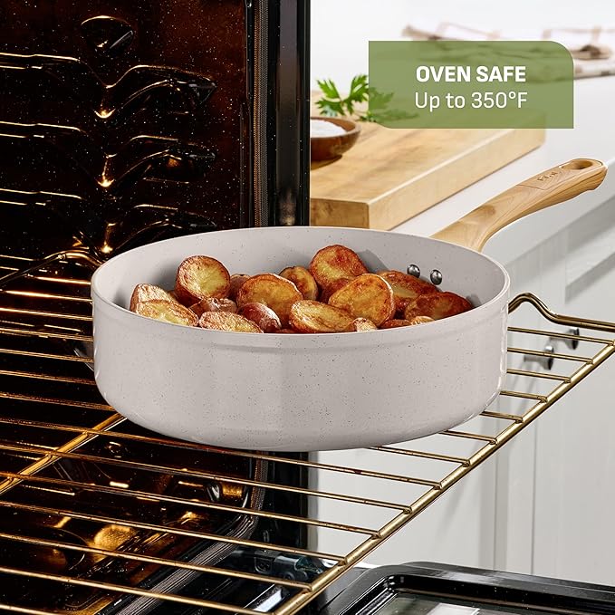 T-Fal Revive Ceramic Nonstick Cookware Set, Oven Safe Up to 350쨘F, 12-Piece, Includes Stockpot, Saucepan, Skillet, Frying Pans, Utensils, Ceramic Pots and Pans Set, Beige Granite